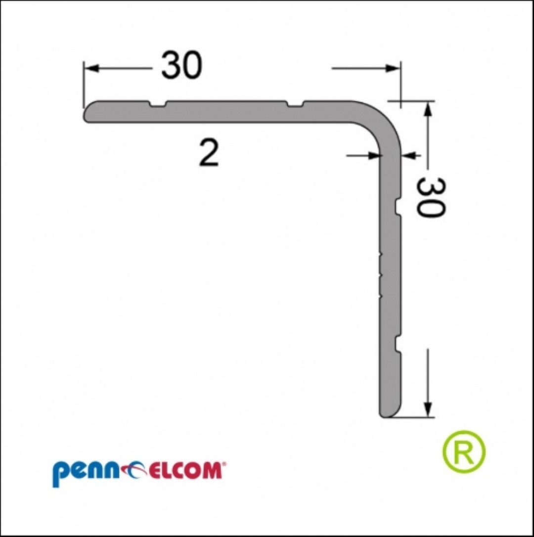 Hoeklijn 30x30mm 2mm R5 EG-0105 Aluminium per 2 meter alleen voor afhalen.