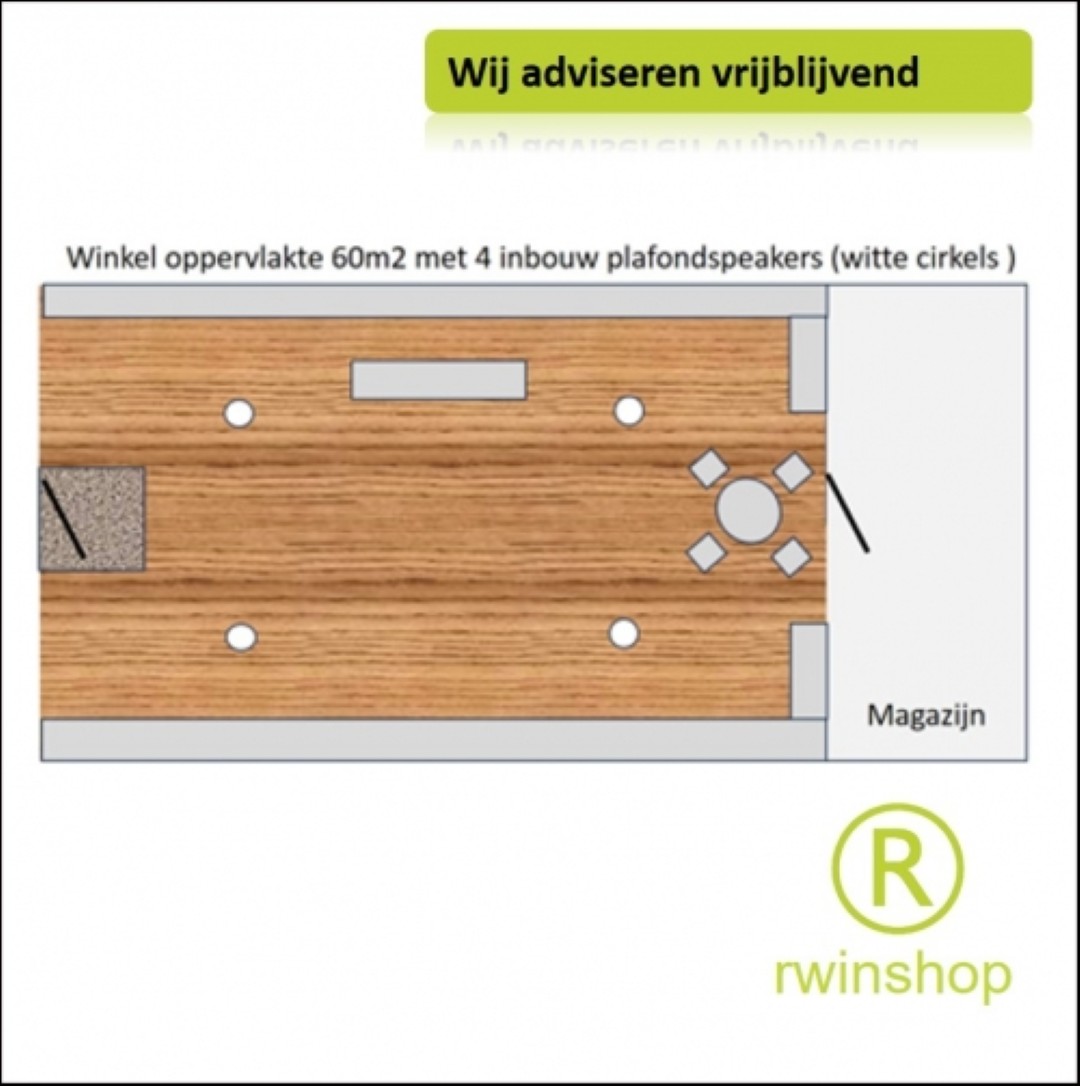 Geluidsset winkel 4 plafond inbouw luidsprekers met mengversterker tot 60m2 oppervlakte