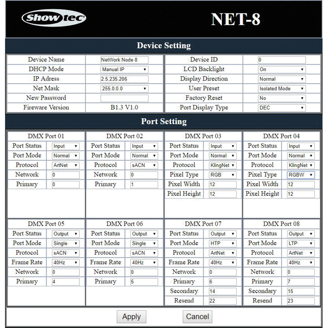 NET-8/3 8-kanaals Art-Net-/Kling-Net-node - 3-polige XLR