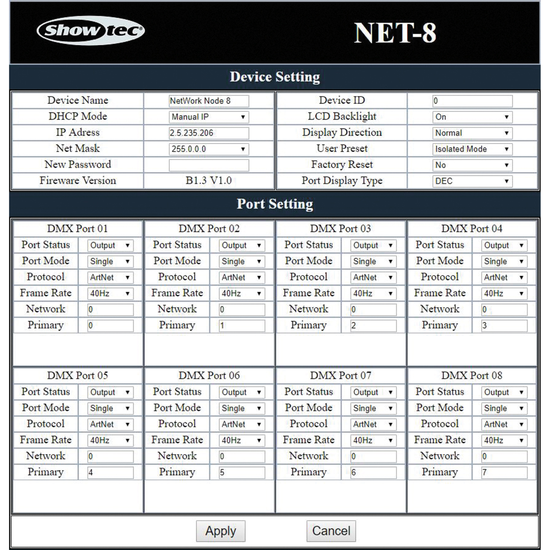 NET-8/5 8-kanaals Art-Net-/Kling-Net-node - 5-polige XLR