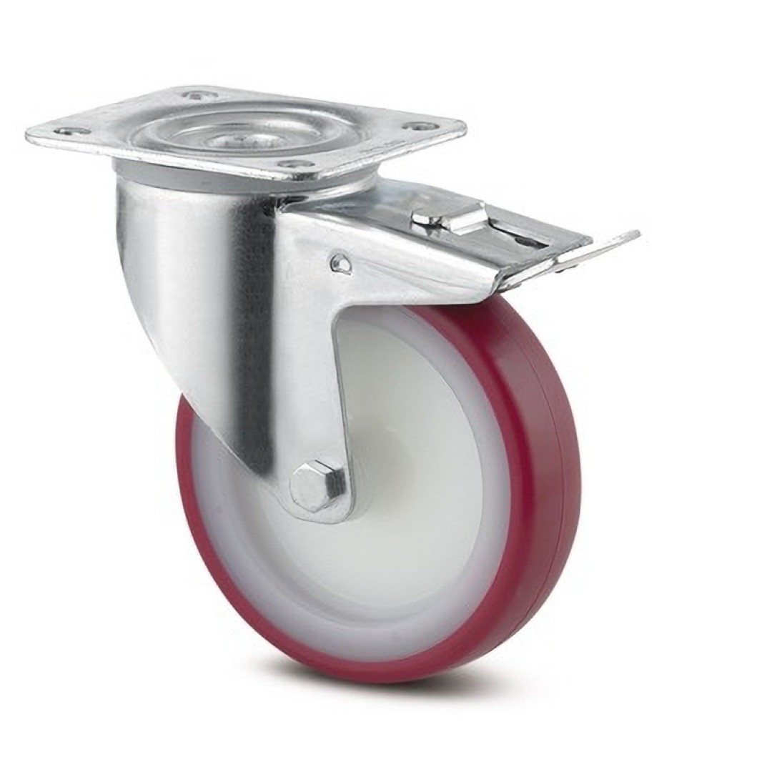 Zwenkwiel met dubbele rem, Red wheel with brake 100mm