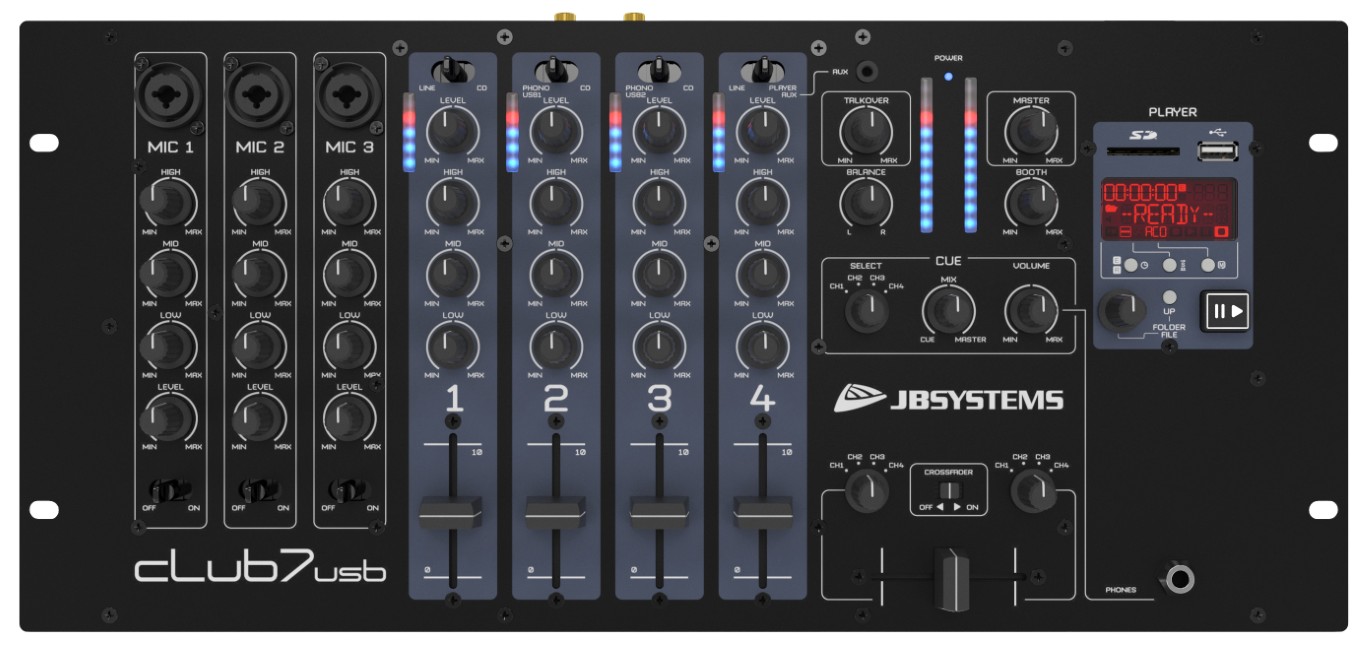 DJ mengpaneel, 13 ingangen op 7 kanalen (3 microfoons, 5 lijn, 2 grammofoons of 2 USB, 1 AUX). - CLUB7-USB