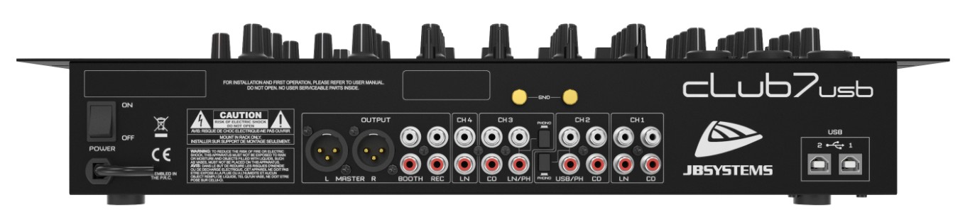 DJ mengpaneel, 13 ingangen op 7 kanalen (3 microfoons, 5 lijn, 2 grammofoons of 2 USB, 1 AUX). - CLUB7-USB