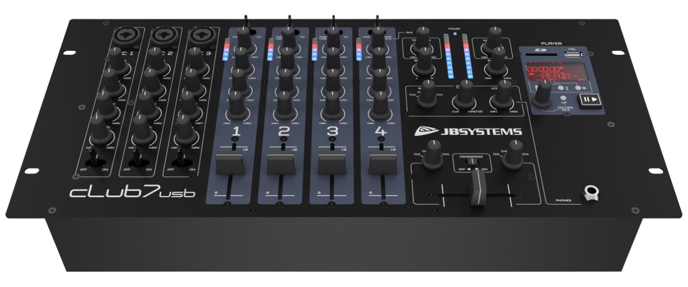 DJ mengpaneel, 13 ingangen op 7 kanalen (3 microfoons, 5 lijn, 2 grammofoons of 2 USB, 1 AUX). - CLUB7-USB