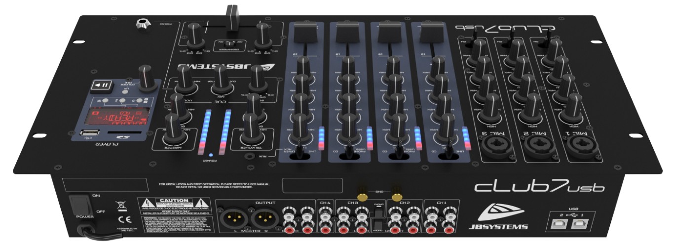 DJ mengpaneel, 13 ingangen op 7 kanalen (3 microfoons, 5 lijn, 2 grammofoons of 2 USB, 1 AUX). - CLUB7-USB