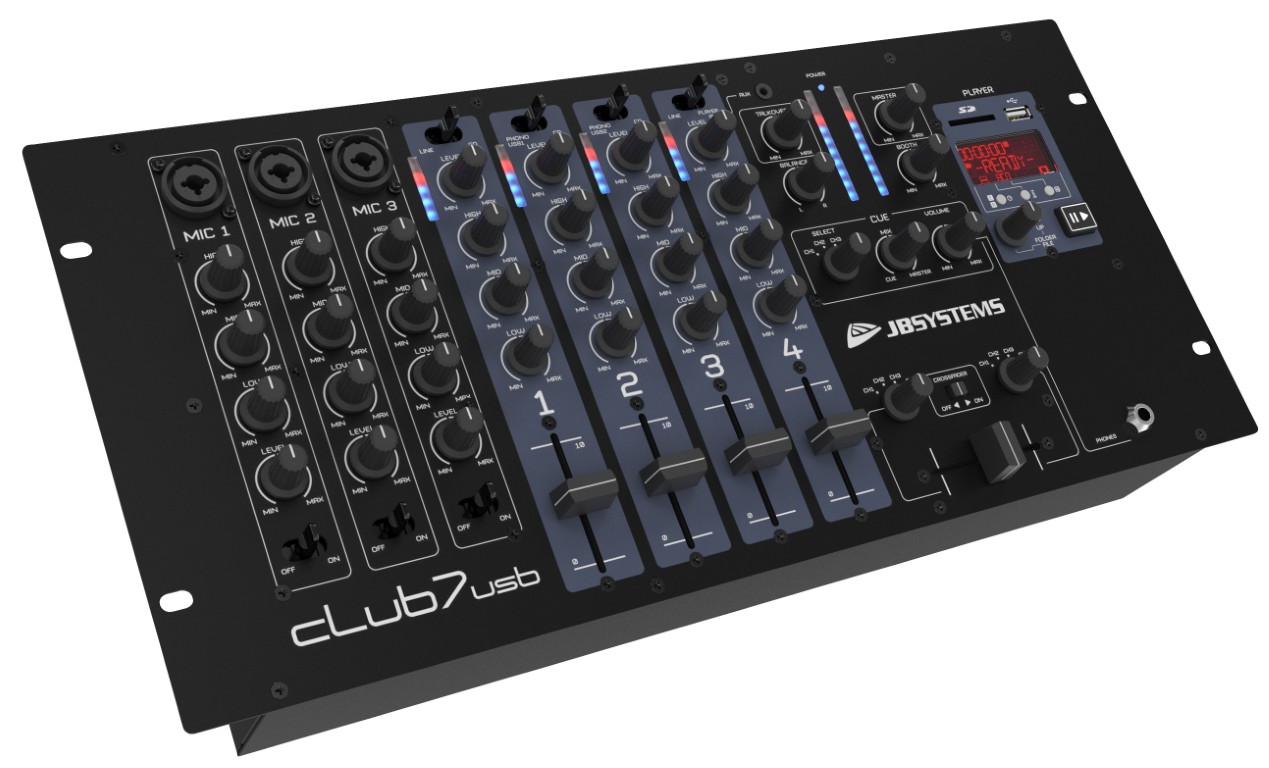 DJ mengpaneel, 13 ingangen op 7 kanalen (3 microfoons, 5 lijn, 2 grammofoons of 2 USB, 1 AUX). - CLUB7-USB