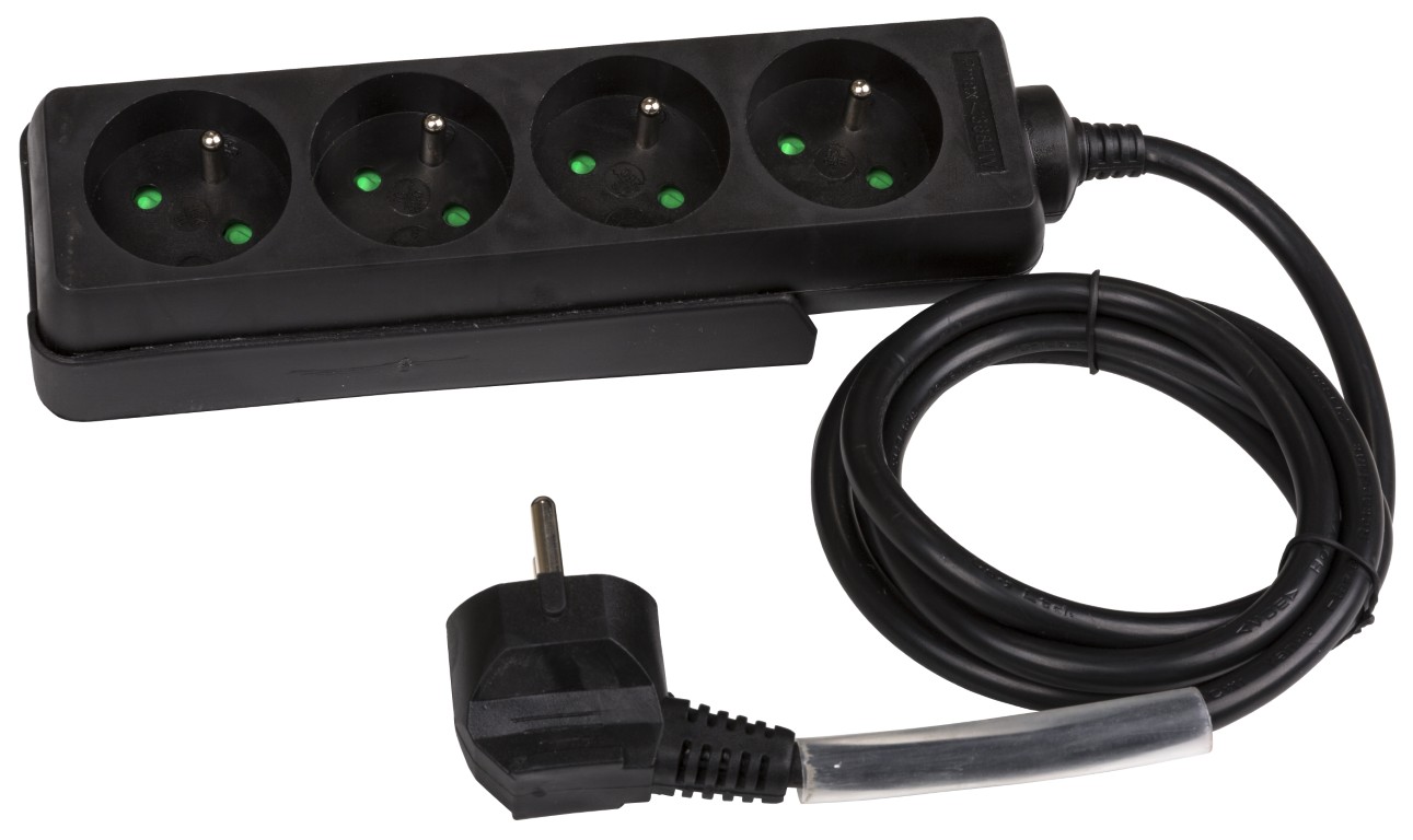 Stroomverdeeldoos met 4 stopcontacten met penaarde, slede voor montage, 7cm transparante krimpkous en een 3G1,5 kabel van 1,5m - MULTISOCKET4-F