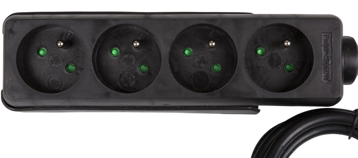 Stroomverdeeldoos met 4 stopcontacten met penaarde, slede voor montage, 7cm transparante krimpkous en een 3G1,5 kabel van 1,5m - MULTISOCKET4-F