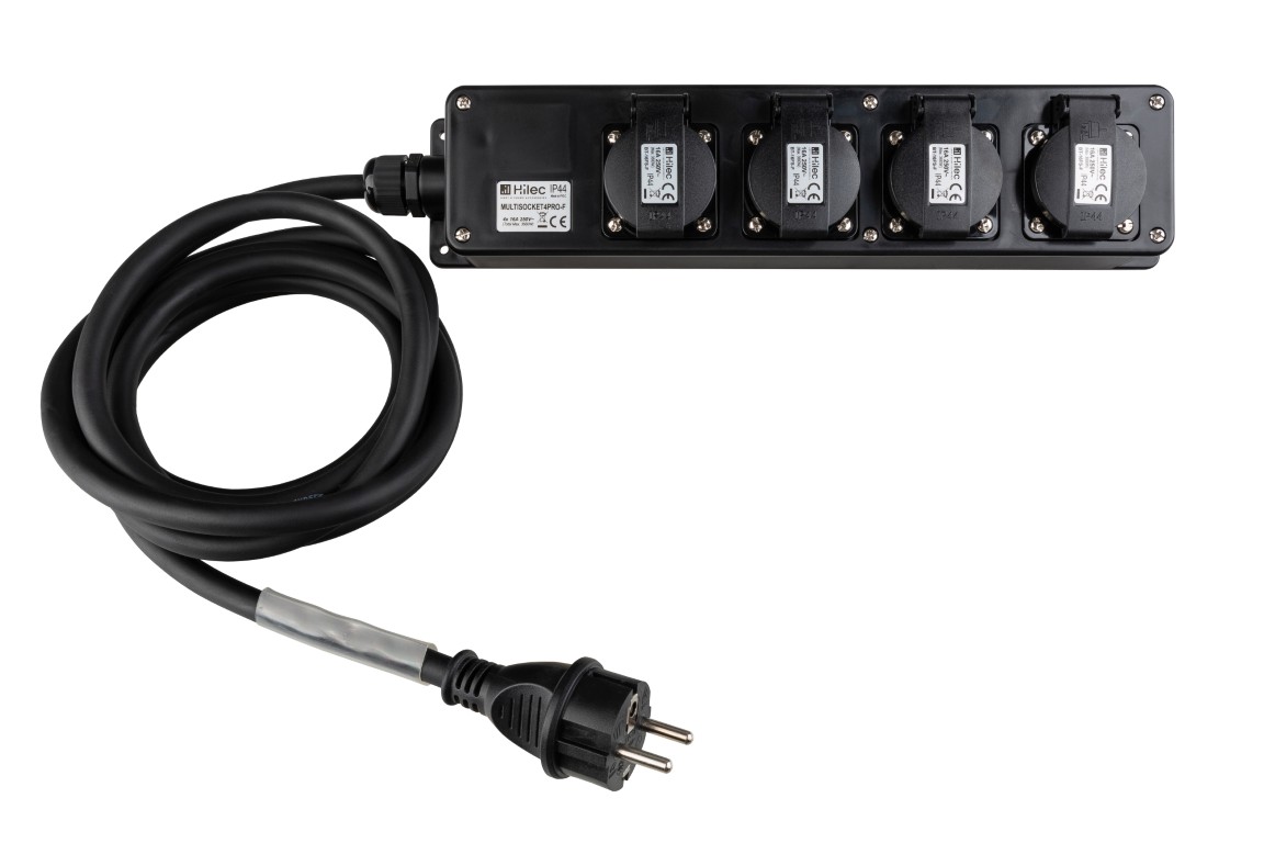 Professionele stroomverdeeldoos met 4 stopcontacten met penaarde, een 3G2,5 rubberen kabel van 3m, schuko plug met penaarde en een 7cm transparante krimpkous - MULTISOCKET4PRO-F-3M