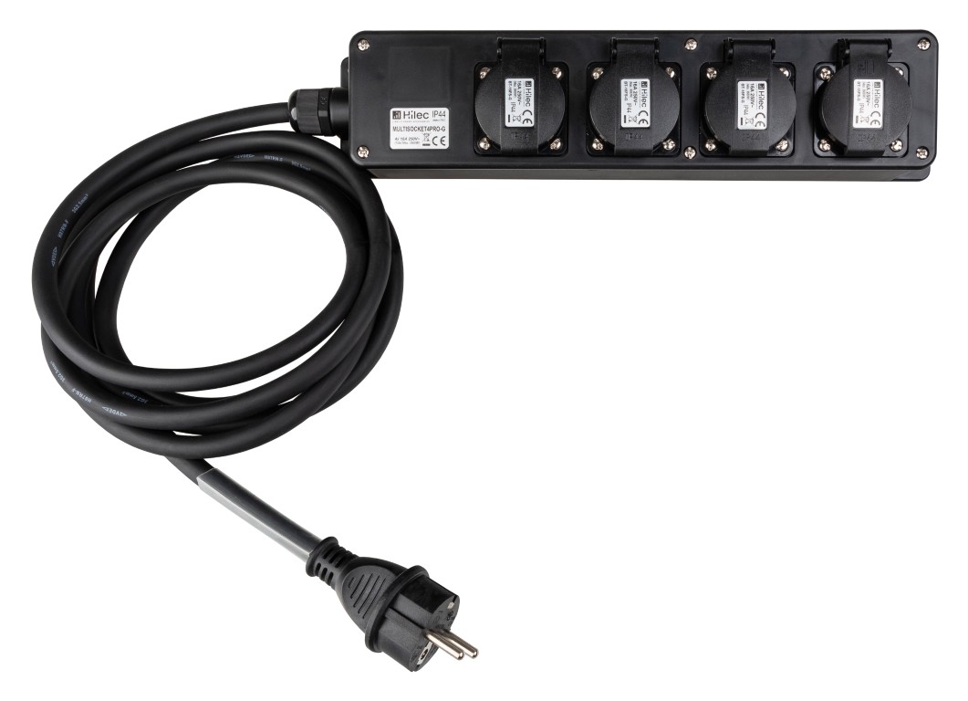 Professionele stroomverdeeldoos met 4 stopcontacten met randaarde, een 3G2,5 rubberen kabel van 5m, schuko plug met randaarde en een 7cm transparante krimpkous - MULTISOCKET4PRO-G-5M