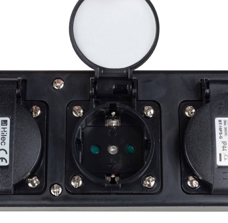 Professionele stroomverdeeldoos met 4 stopcontacten met randaarde, een 3G2,5 rubberen kabel van 5m, schuko plug met randaarde en een 7cm transparante krimpkous - MULTISOCKET4PRO-G-5M