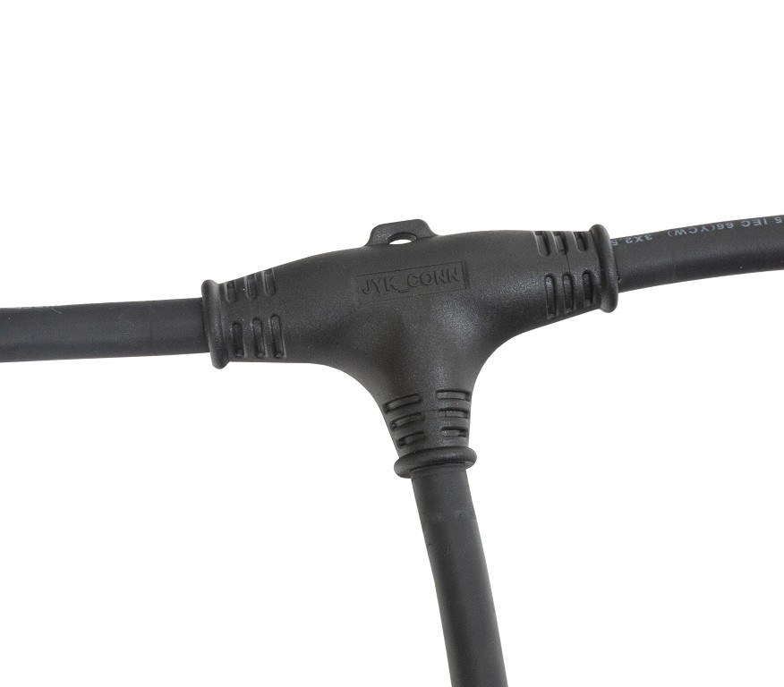 Soepele, rubberen T-split stroomkabel 3G2,5 (14 AWG) voor het verdelen van 1 stroomingang naar 2 uitgangen met connectoren naar keuze - T-SPLIT POWER CABLE