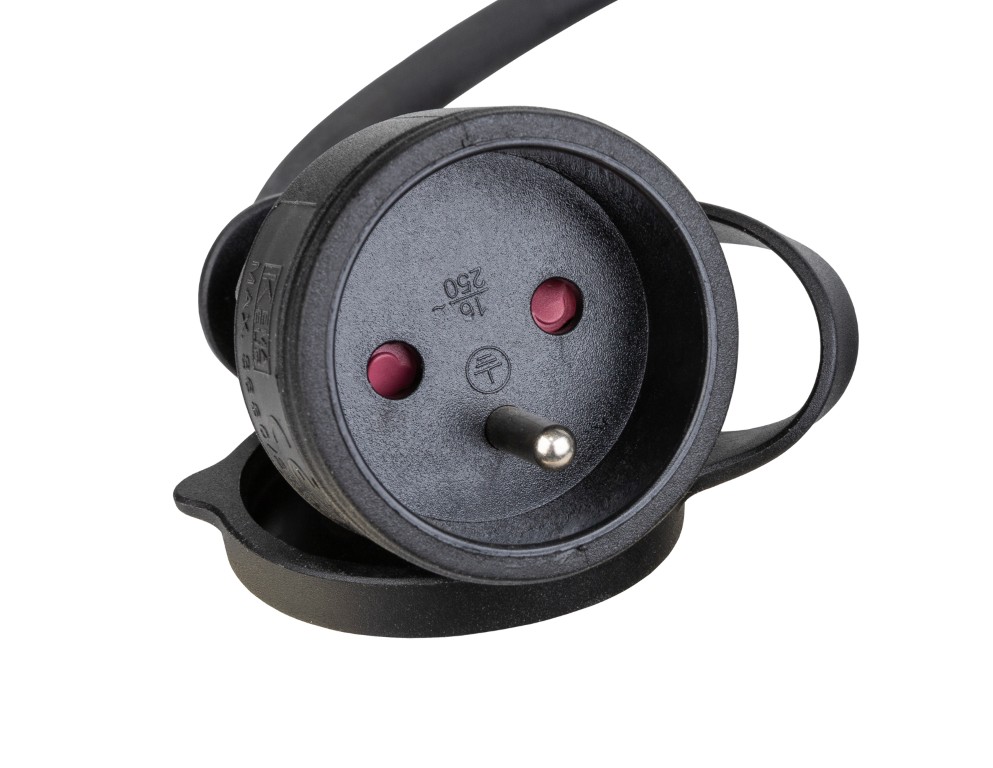 Flexibele, rubberen voedingskabel 3G1,5 met 1 Seetronic SAC3MX ingangsconnector en 1 vrouwelijke Franse schuko-uitgangsconnector - PCT1M-SCHU/F-1M-F