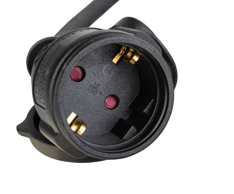 Flexibele, rubberen voedingskabel 3G1,5 met 1 Seetronic SAC3MX ingangsconnector en 1 vrouwelijke Duitse schuko-uitgangsconnector - PCT1M-SCHU/F-1M-G