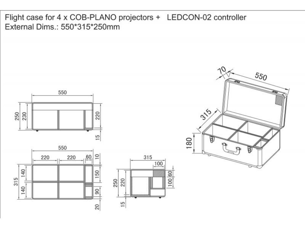 JV CASE Lichte en compacte kist, speciaal ontworpen om 4x COB-PLANO en LEDCON-02 Mk2 controller te vervoeren - CASE for 4x COB-PLANO
