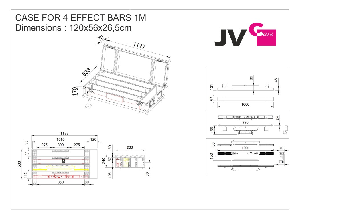 JV Case Flightcase voor 4 effect baren zoals Sunbar White / Sunbar Combi / Rave Bar / Pixbar 12TC ... - CASE FOR 4 EFFECT BARS 1M