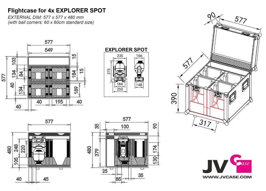 Stapelbare flightcase, ontworpen om 4 stuks EXPLORER SPOT te vervoeren - CASE FOR 4x EXPLORER SPOT