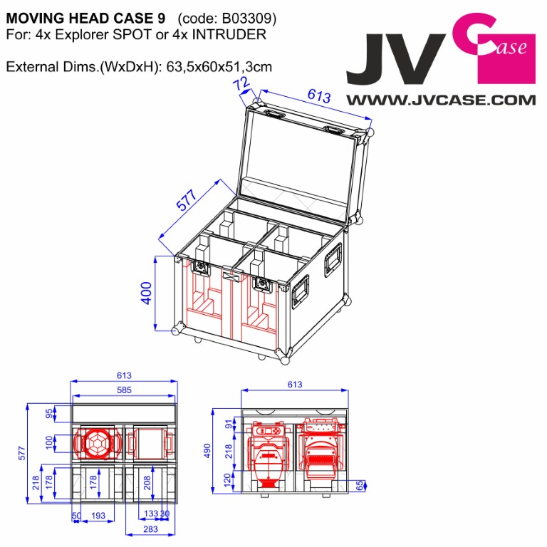 Stapelbare flightcase, ontworpen om 4 stuks EXPLORER SPOT of INTRUDER of BT-VERTIGO te vervoeren - MOVING HEAD CASE 9