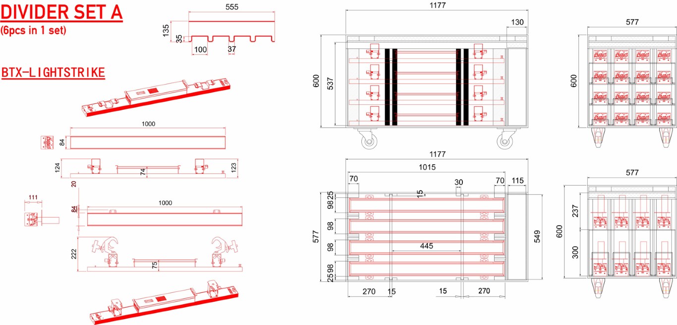 Speciale divider set (6 stuks) om de “Light bars 1 - Case” aan te passen voor het transport van maximaal 16x BTX-LIGHTSTRIKE - LIGHT BARS 1 - DIVIDER SET A