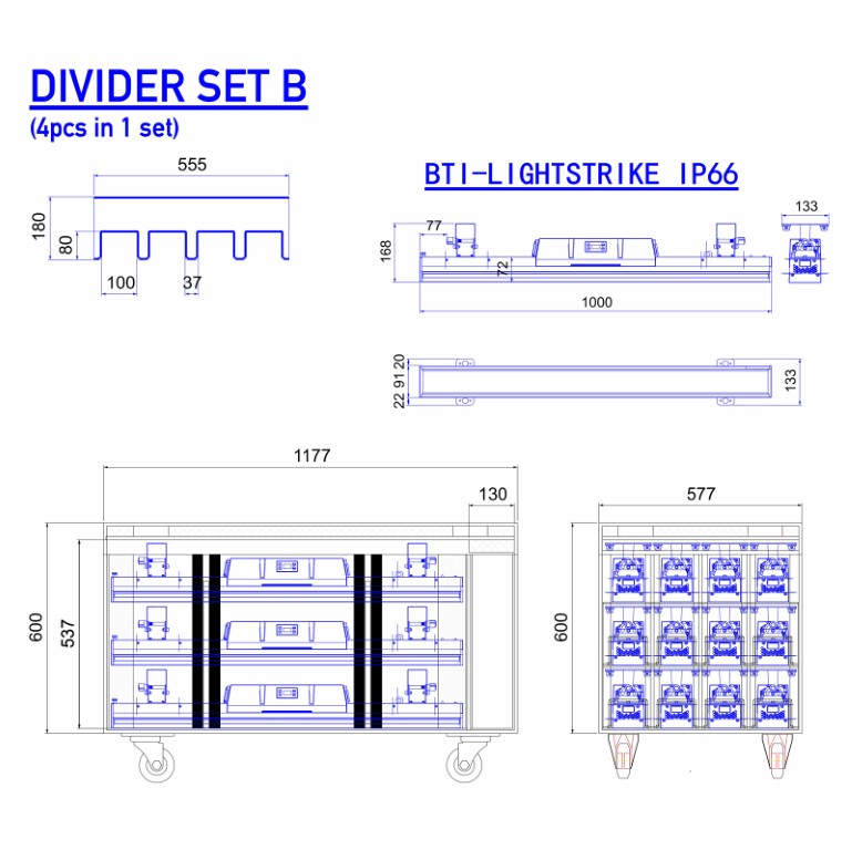 Speciale divider set (4 stuks) om de “Light bars 1 – Case” aan te passen voor het transport van 12x BTI-LIGHTSTRIKE IP66 - LIGHT BARS 1 - DIVIDER SET B