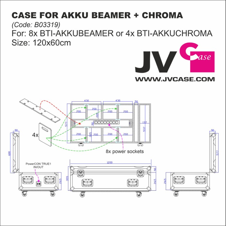 Stapelbare flightcase van 120x60 cm met wieltjes en oplaadvoorziening voor het vervoeren van maximaal 8x BTI-AKKUBEAMER of 4x BTI-AKKUCHROMA - CASE FOR AKKU BEAMER+CHROMA