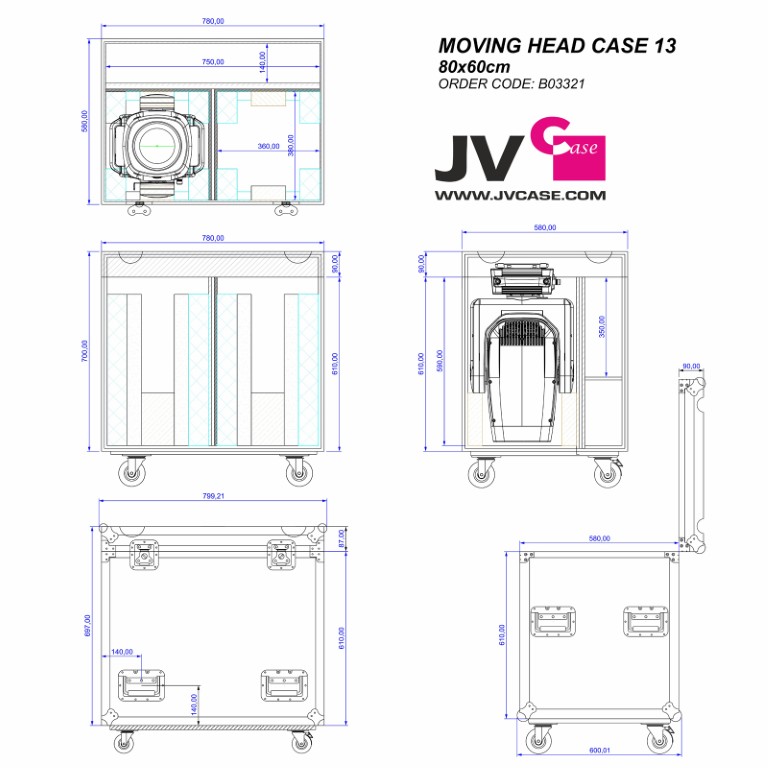 Stapelbare flightcase van 80x 60cm met zelfuitlijnende wielen voor het vervoeren van 2x BTI-BLIZZARD BSW1 + accessoires - MOVING HEAD CASE 13