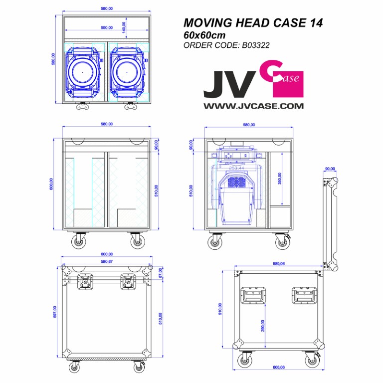 Stapelbare flightcase van 60x 60cm met zelfuitlijnende wielen voor het vervoeren van 2x BTI-BLIZZARD LBEAM + accessoires - MOVING HEAD CASE 14