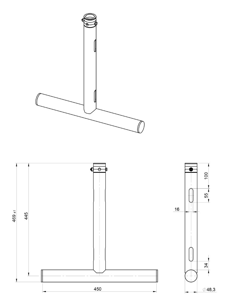 With this aluminium 'T' DROP ARM you can easily fix all kinds of projectors and moving lights to truss. - BT-TRUSS T-Drop arm BLK 450x445