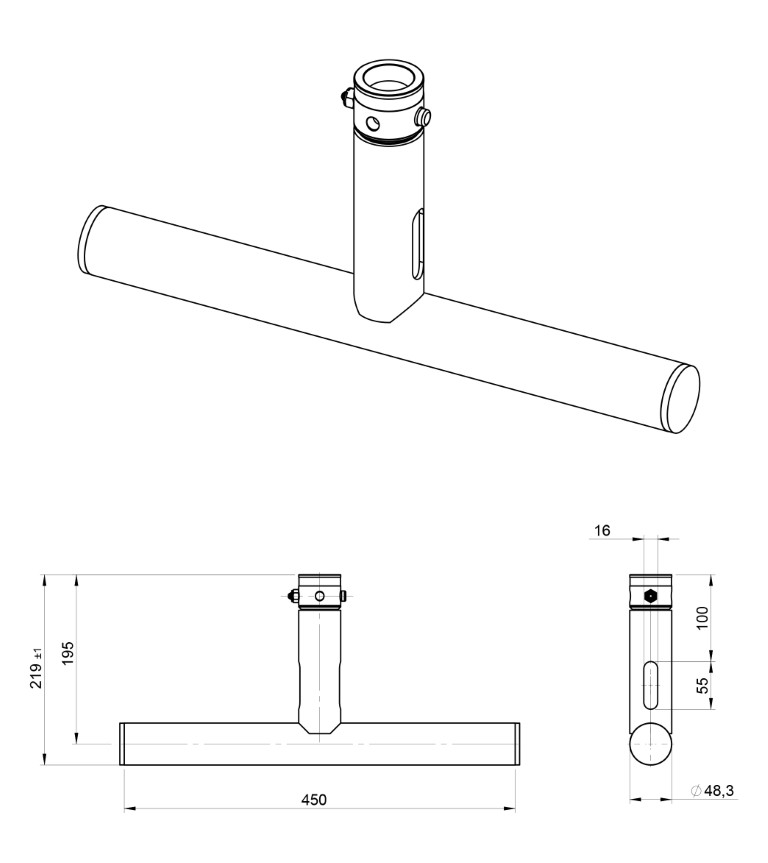 With this aluminium 'T' DROP ARM you can easily fix all kinds of projectors and moving lights to truss. - BT-TRUSS T-Drop arm BLK 450x195