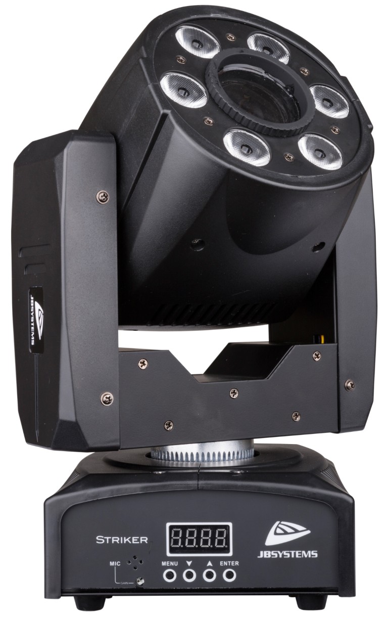 Een compacte LED moving spot (10°-30W-wit) en wash (6 x 8 RGBW) voor DJs en kleinere clubs. Voorbereid voor draadloze DMX: gewoon een optionele WTR-DMX DONGLE inpluggen! - STRIKER