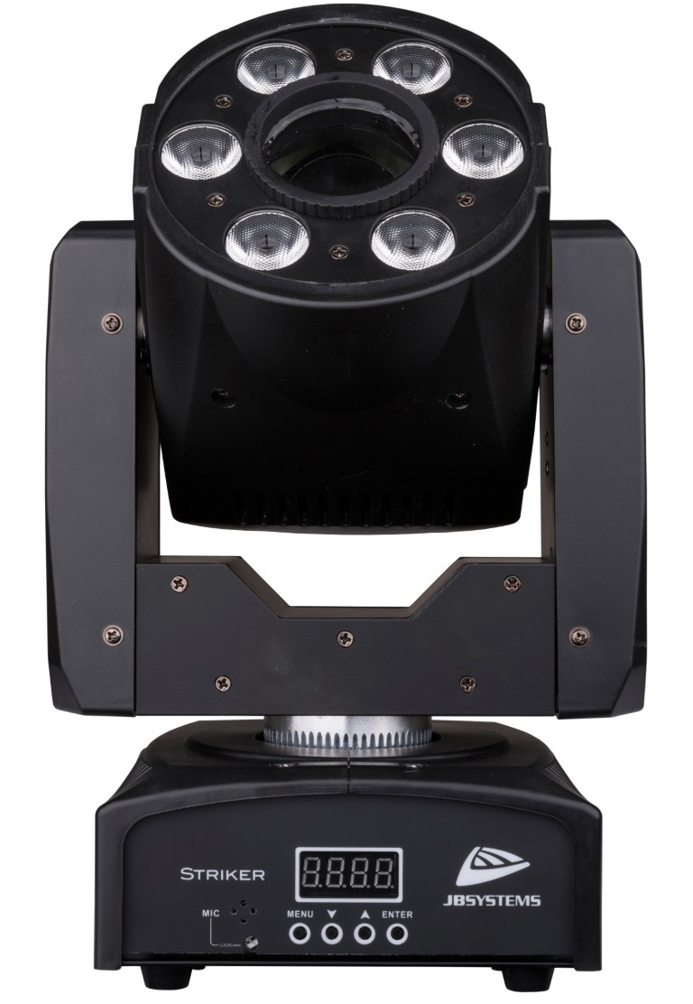 Een compacte LED moving spot (10°-30W-wit) en wash (6 x 8 RGBW) voor DJs en kleinere clubs. Voorbereid voor draadloze DMX: gewoon een optionele WTR-DMX DONGLE inpluggen! - STRIKER