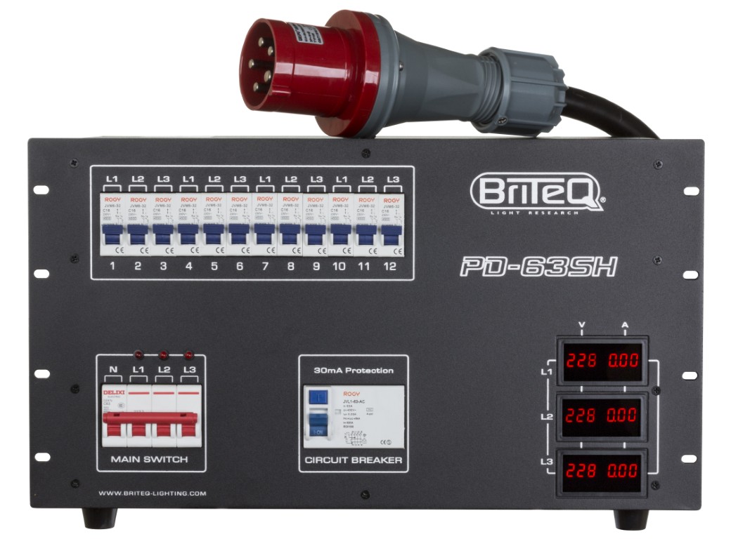 3-fase stroomverdeler met verschillende uitgangen voor maximale flexibiliteit (verhuurbedrijven!): 12x 16A stopcontactdozen + 2x 16PIN + 2x 19PIN industriële connectoren. - PD-63SH/FRA-BEL