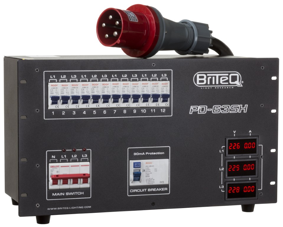 3-fase stroomverdeler met verschillende uitgangen voor maximale flexibiliteit (verhuurbedrijven!): 12x 16A stopcontactdozen + 2x 16PIN + 2x 19PIN industriële connectoren. - PD-63SH/GERMAN