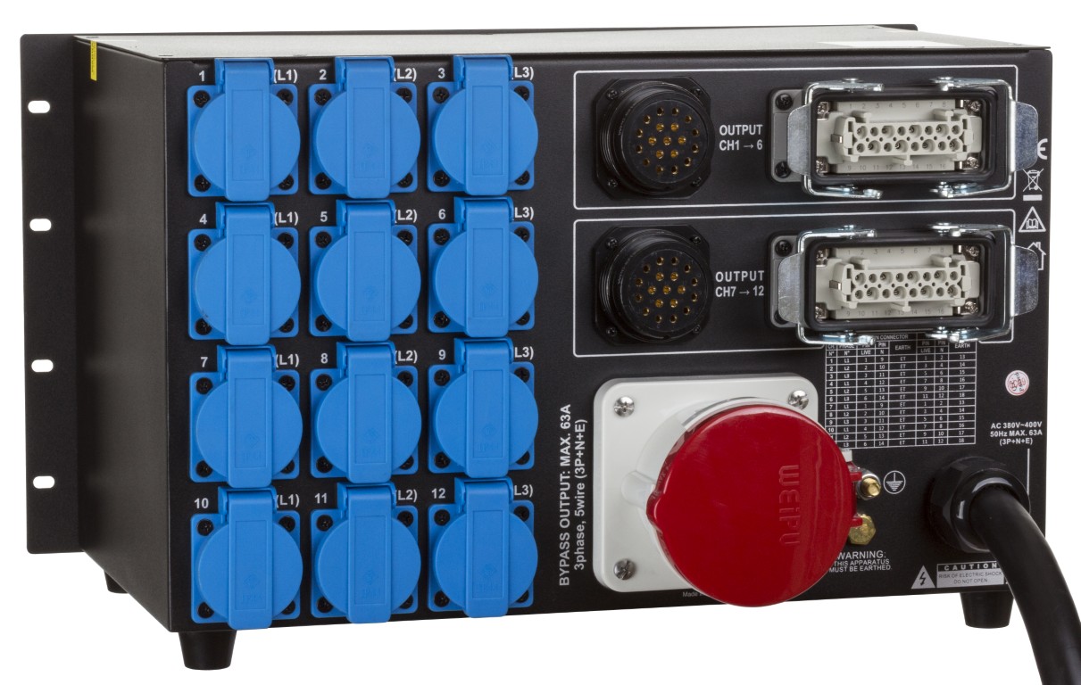 3-fase stroomverdeler met verschillende uitgangen voor maximale flexibiliteit (verhuurbedrijven!): 12x 16A stopcontactdozen + 2x 16PIN + 2x 19PIN industriële connectoren. - PD-63SH/GERMAN