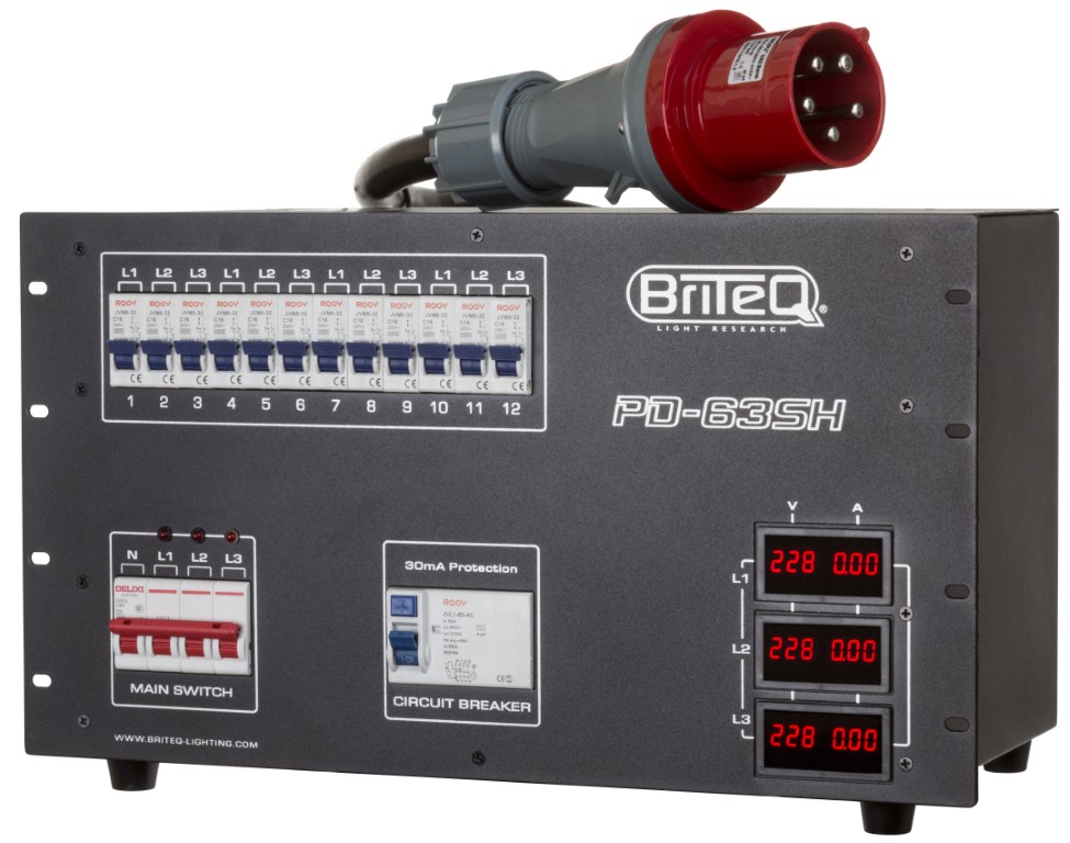3-fase stroomverdeler met verschillende uitgangen voor maximale flexibiliteit (verhuurbedrijven!): 12x 16A stopcontactdozen + 2x 16PIN + 2x 19PIN industriële connectoren. - PD-63SH/GERMAN