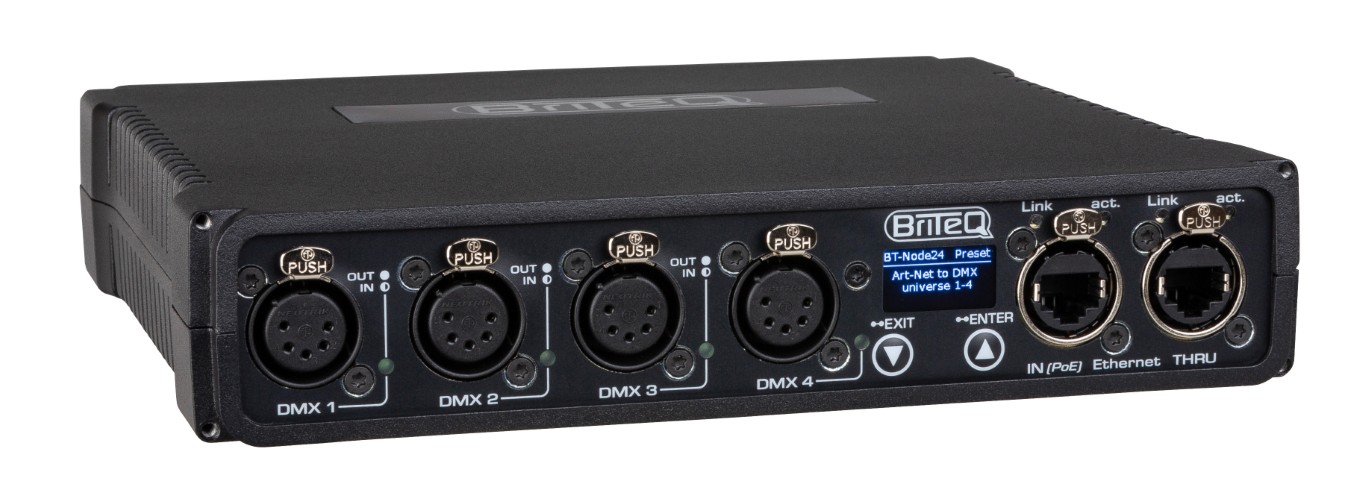 Highspeed ArtNet & sACN Node met 4 configureerbare DMX-poorten (XLR 5-polig), webinterface en OLED display. Compatibel met DHCP, RDM en Gigabit Ethernet met PoE - BT-NODE24 Mk2 (5pin XLR)
