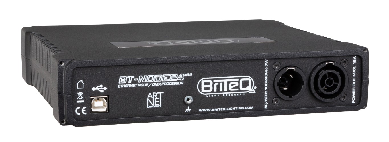Highspeed ArtNet & sACN Node met 4 configureerbare DMX-poorten (XLR 5-polig), webinterface en OLED display. Compatibel met DHCP, RDM en Gigabit Ethernet met PoE - BT-NODE24 Mk2 (5pin XLR)