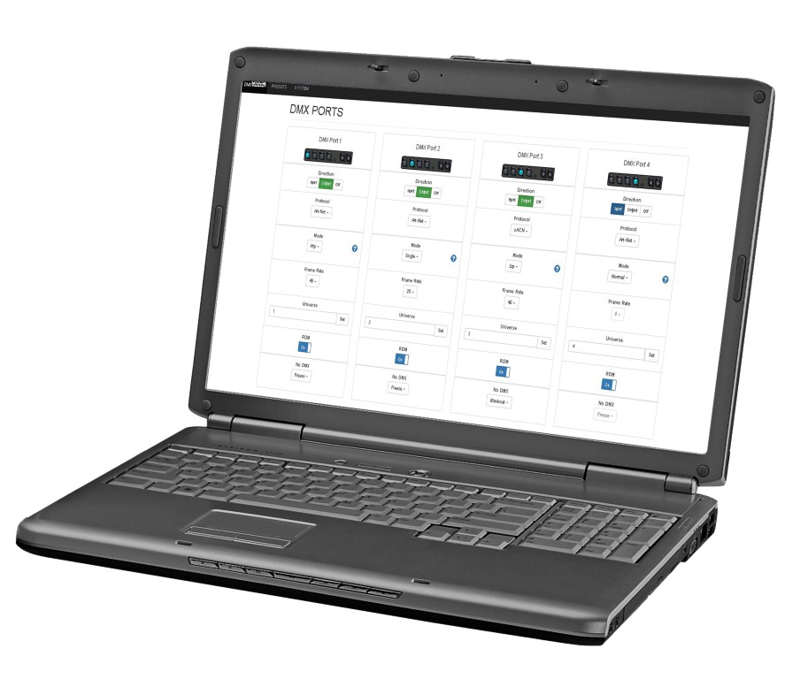 Highspeed ArtNet & sACN Node met 4 configureerbare DMX-poorten (XLR 5-polig), webinterface en OLED display. Compatibel met DHCP, RDM en Gigabit Ethernet met PoE - BT-NODE24 Mk2 (5pin XLR)