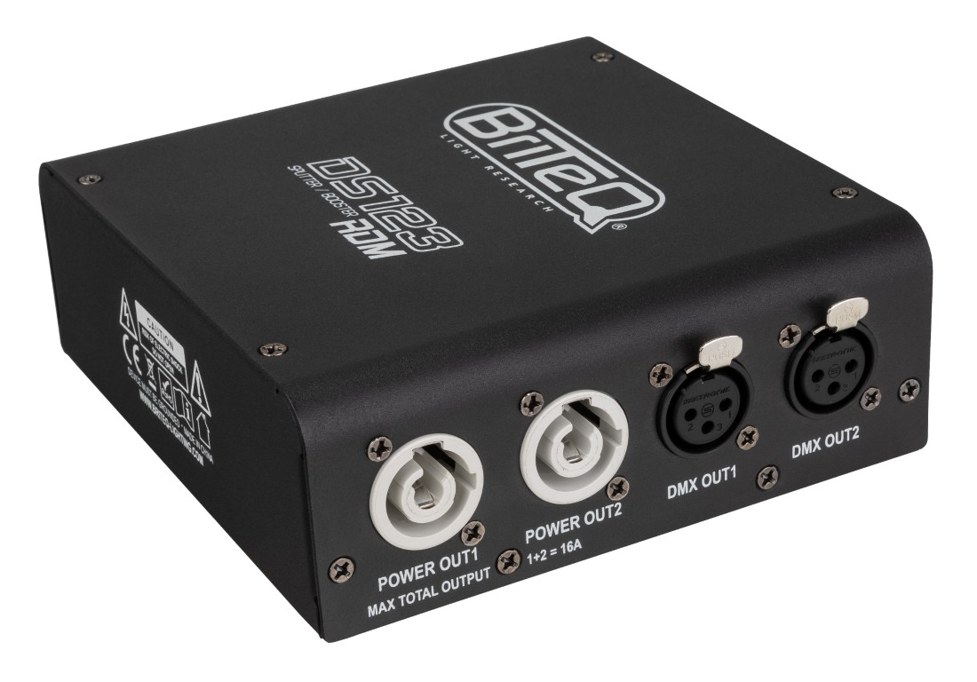 RDM-compatibele DMX-splitter: splitst netvoeding en DMX-ingang in 2 optisch gescheiden uitgangen. Compact en robuust, voorzien van PowerCON / XLR 3pin. - DS123-RDM