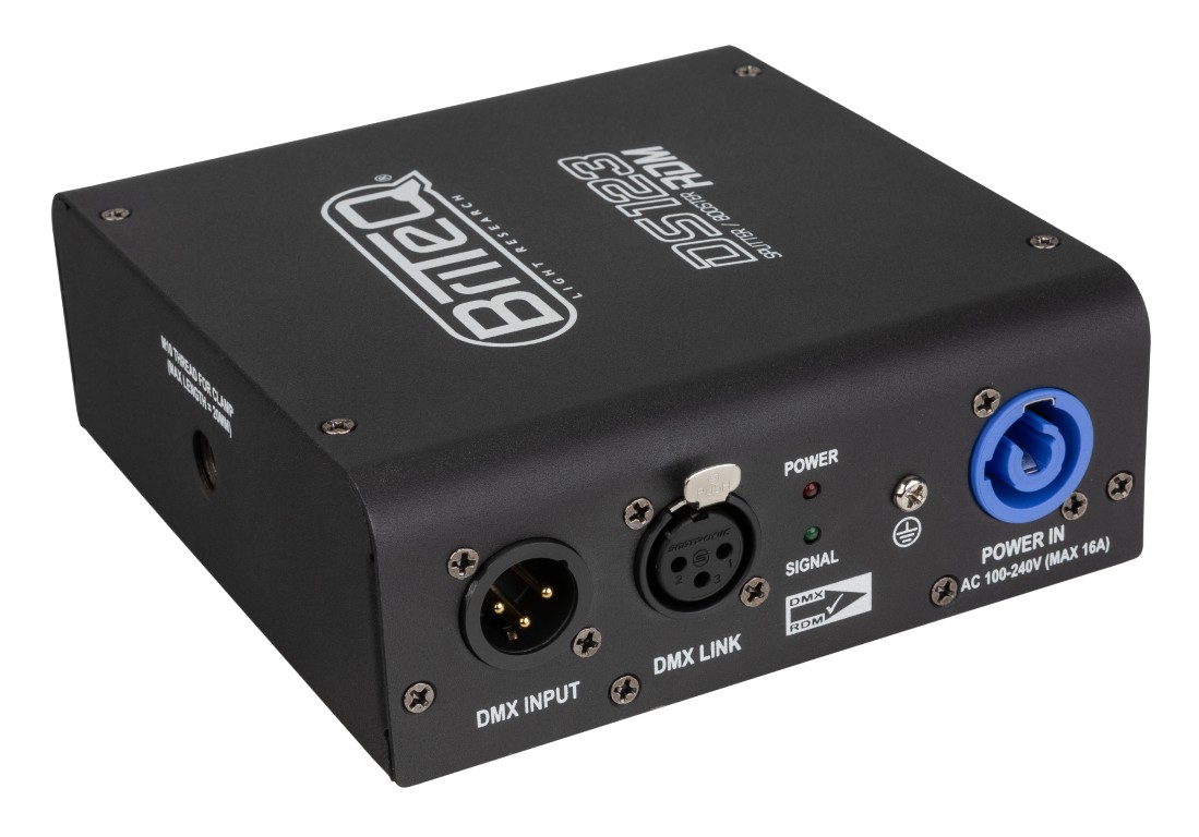 RDM-compatibele DMX-splitter: splitst netvoeding en DMX-ingang in 2 optisch gescheiden uitgangen. Compact en robuust, voorzien van PowerCON / XLR 3pin. - DS123-RDM