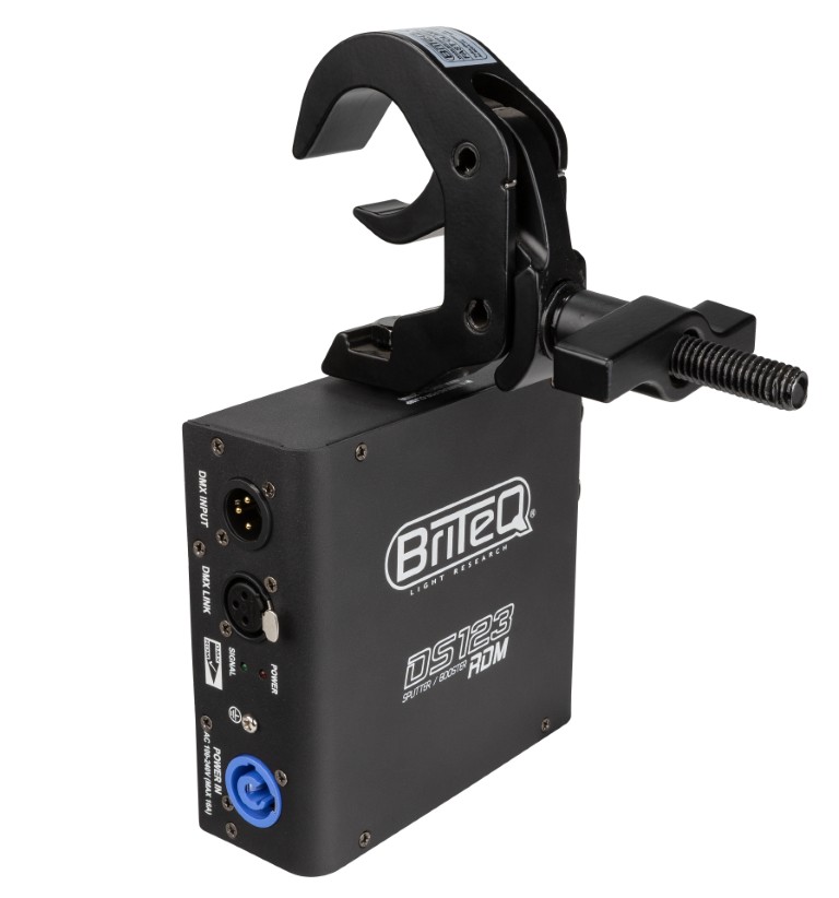 RDM-compatibele DMX-splitter: splitst netvoeding en DMX-ingang in 2 optisch gescheiden uitgangen. Compact en robuust, voorzien van PowerCON / XLR 3pin. - DS123-RDM