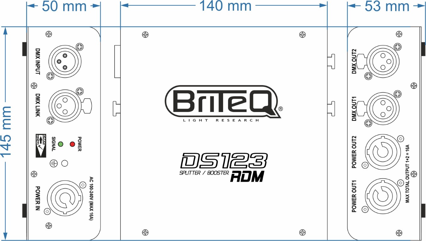 RDM-compatibele DMX-splitter: splitst netvoeding en DMX-ingang in 2 optisch gescheiden uitgangen. Compact en robuust, voorzien van PowerCON / XLR 3pin. - DS123-RDM