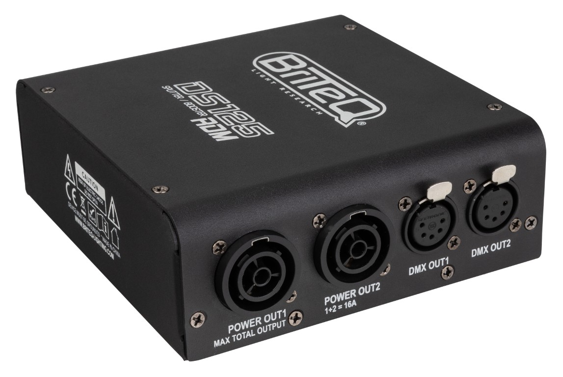 RDM-compatibele DMX-splitter: splitst netvoeding en DMX-ingang in 2 optisch gescheiden uitgangen. Compact en robuust, voorzien van PowerCON TRUE1 / XLR 5pin. - DS125-RDM