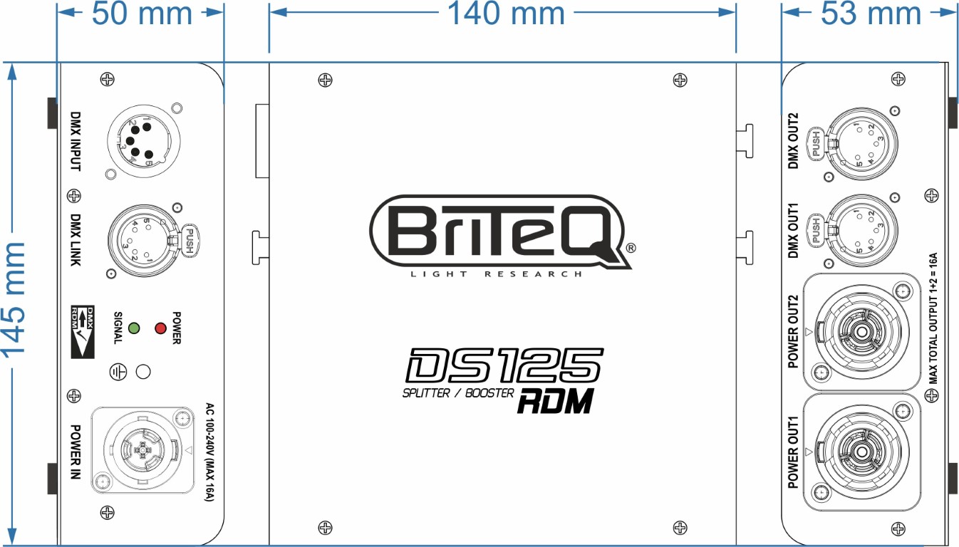 RDM-compatibele DMX-splitter: splitst netvoeding en DMX-ingang in 2 optisch gescheiden uitgangen. Compact en robuust, voorzien van PowerCON TRUE1 / XLR 5pin. - DS125-RDM