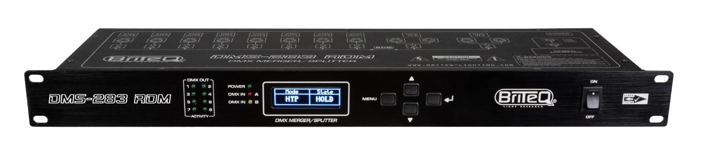 DMX-merger + splitter + booster met RDM-ondersteuning, beveiligt je DMX-installatie door 100% elektrische isolatie tussen 2 ingangen en 8 uitgangen. Uitgerust met XLR-3pin. - DMS-283 RDM