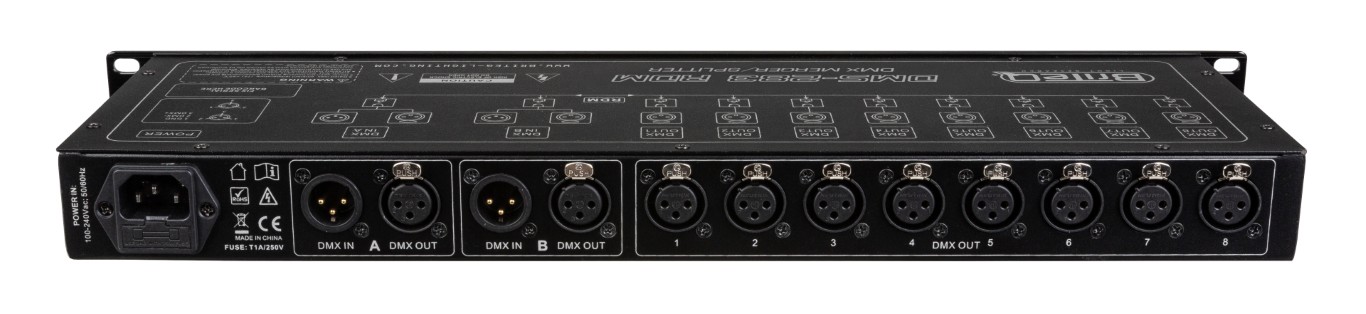 DMX-merger + splitter + booster met RDM-ondersteuning, beveiligt je DMX-installatie door 100% elektrische isolatie tussen 2 ingangen en 8 uitgangen. Uitgerust met XLR-3pin. - DMS-283 RDM