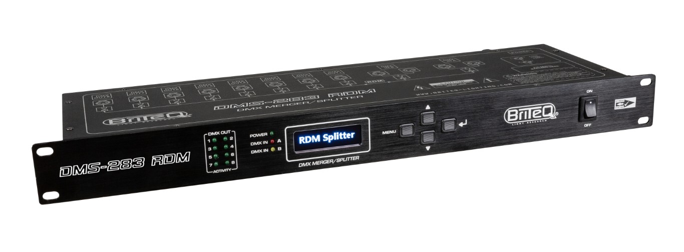 DMX-merger + splitter + booster met RDM-ondersteuning, beveiligt je DMX-installatie door 100% elektrische isolatie tussen 2 ingangen en 8 uitgangen. Uitgerust met XLR-3pin. - DMS-283 RDM