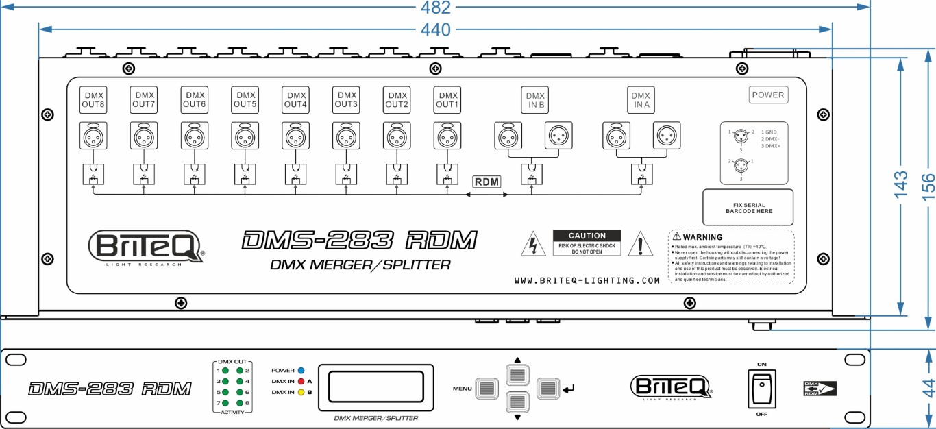 DMX-merger + splitter + booster met RDM-ondersteuning, beveiligt je DMX-installatie door 100% elektrische isolatie tussen 2 ingangen en 8 uitgangen. Uitgerust met XLR-3pin. - DMS-283 RDM