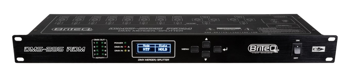 DMX-merger + splitter + booster met RDM-ondersteuning, beveiligt je DMX-installatie door 100% elektrische isolatie tussen 2 ingangen en 8 uitgangen. Uitgerust met XLR-5pin. - DMS-285 RDM