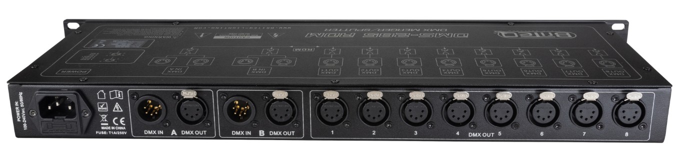 DMX-merger + splitter + booster met RDM-ondersteuning, beveiligt je DMX-installatie door 100% elektrische isolatie tussen 2 ingangen en 8 uitgangen. Uitgerust met XLR-5pin. - DMS-285 RDM